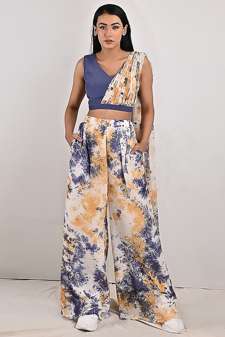 Cream Crepe Tie-Dye Printed Draped Pant Saree Set by Bohame