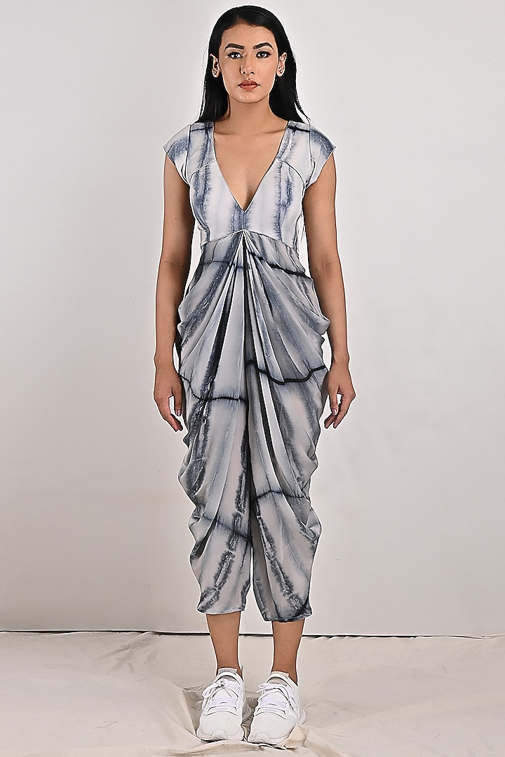 Light Grey Tie-Dyed Draped Jumpsuit by Bohame