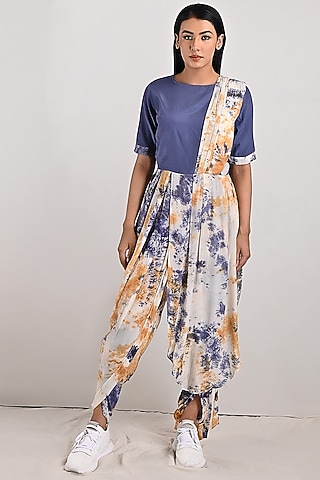 Cream & Blue Tie-Dye Draped Jumpsuit by Bohame