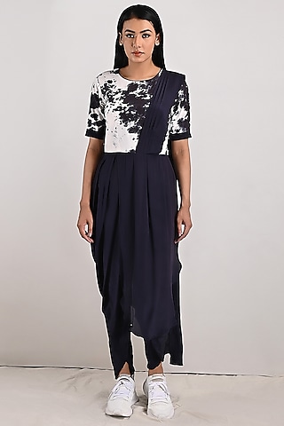 White & Black Tie-Dye Draped Jumpsuit by Bohame