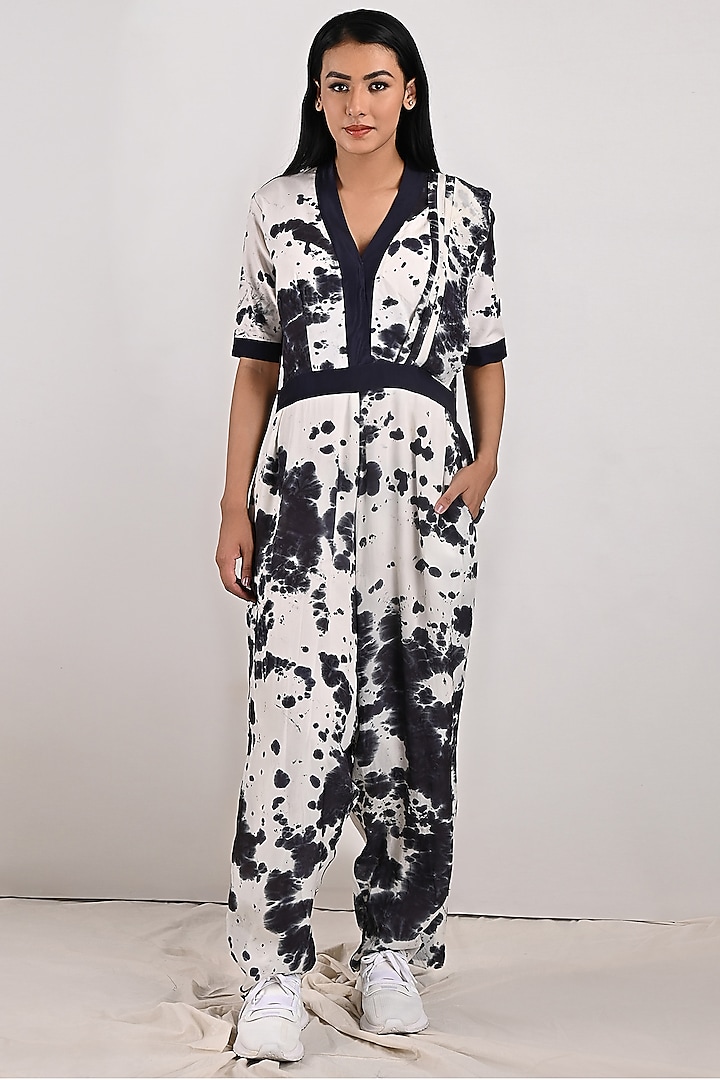 White & Black Crepe Tie-Dye Draped Jumpsuit by Bohame at Pernia's Pop Up Shop