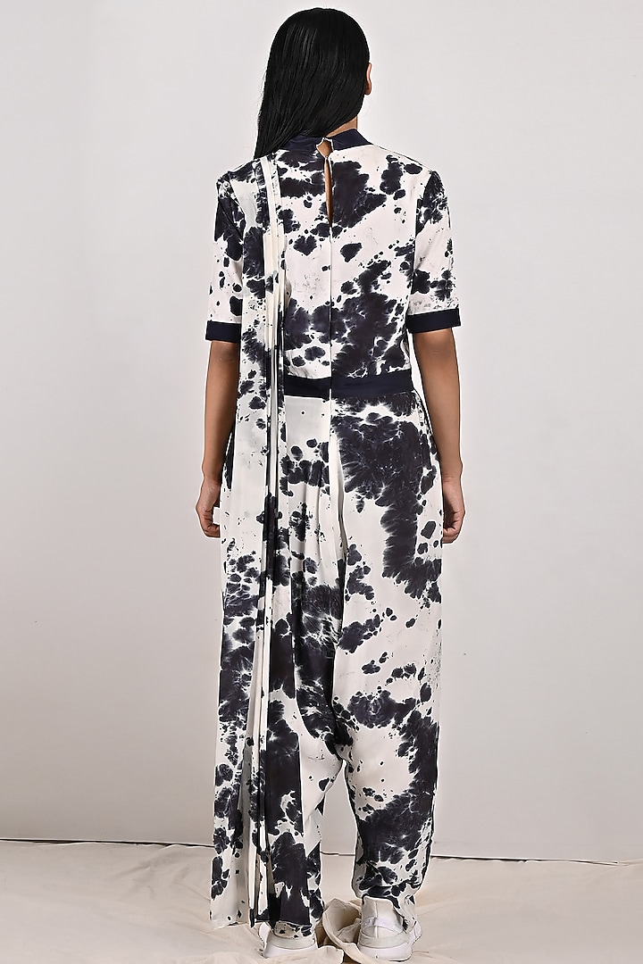 White & Black Crepe Tie-Dye Draped Jumpsuit by Bohame at Pernia's Pop Up Shop