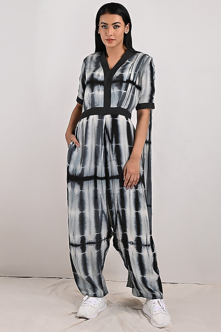 Light Grey Crepe Tie-Dye Draped Jumpsuit by Bohame at Pernia's Pop Up Shop