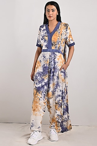 Cream Crepe Tie-Dye Draped Jumpsuit by Bohame