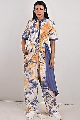 Cream Crepe Tie-Dye Jumpsuit With Attached Flare by Bohame