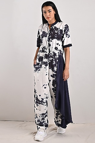 White & Black Tie-Dye Jumpsuit With Attached Flare by Bohame