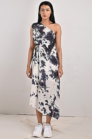 White & Black Crepe Printed Dress by Bohame