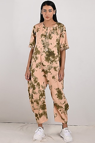 Beige Modal Printed Jumpsuit by Bohame