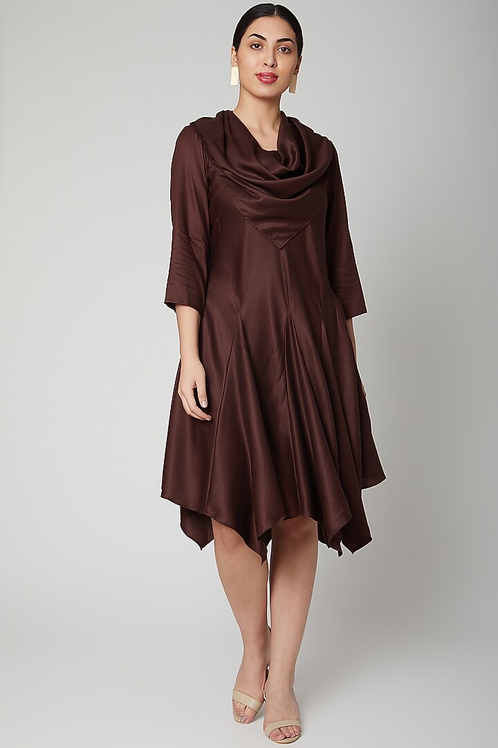 Brown Asymmetric Summer Dress With Cowl by Bohame at Pernia's Pop Up Shop