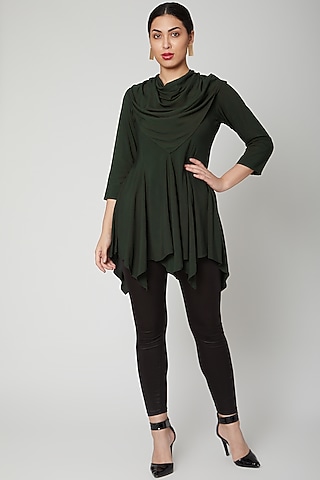 Bottle Green Asymmetric Cowl Top by Bohame