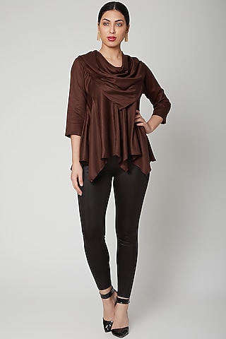 Brown Asymmetric Cowl Top by Bohame