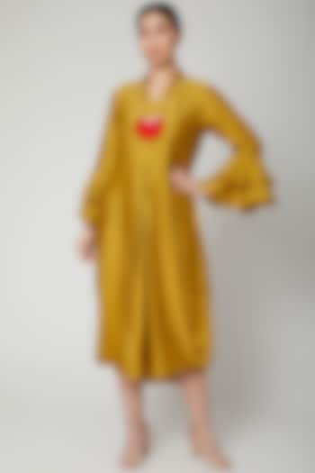 Mustard Dress With Bell Sleeves & Necklace by Bohame