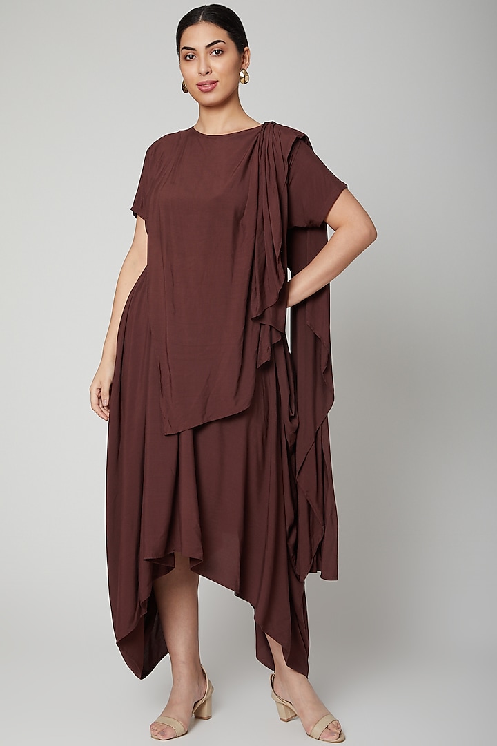 Brown Asymmetric Dress With Belt by Bohame