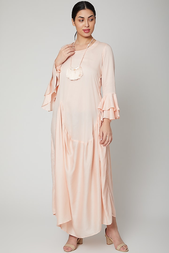 Peach Cowl Dress With Necklace by Bohame