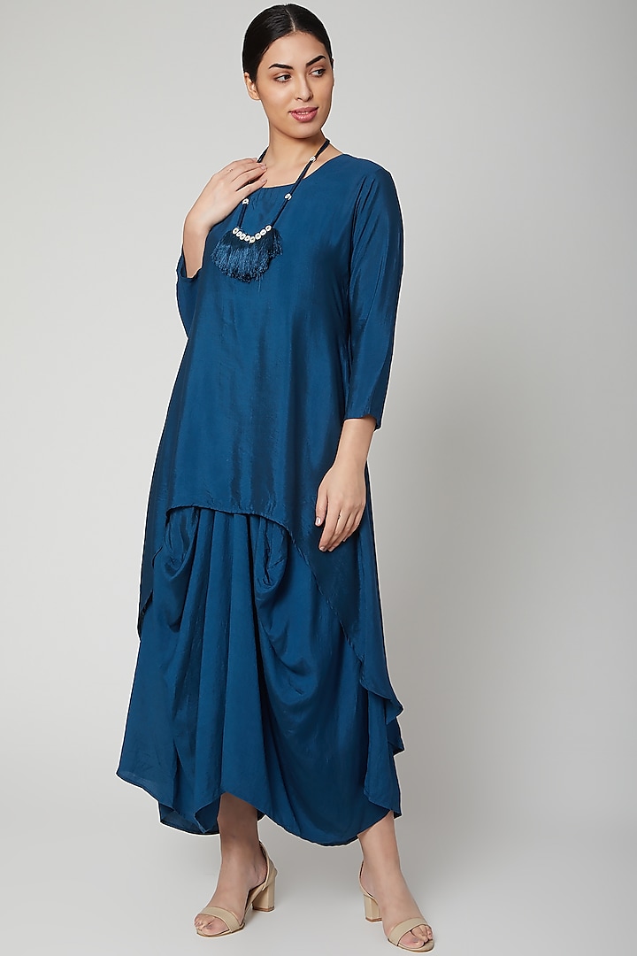 Turquoise Blue Cowl Dress With Necklace by Bohame