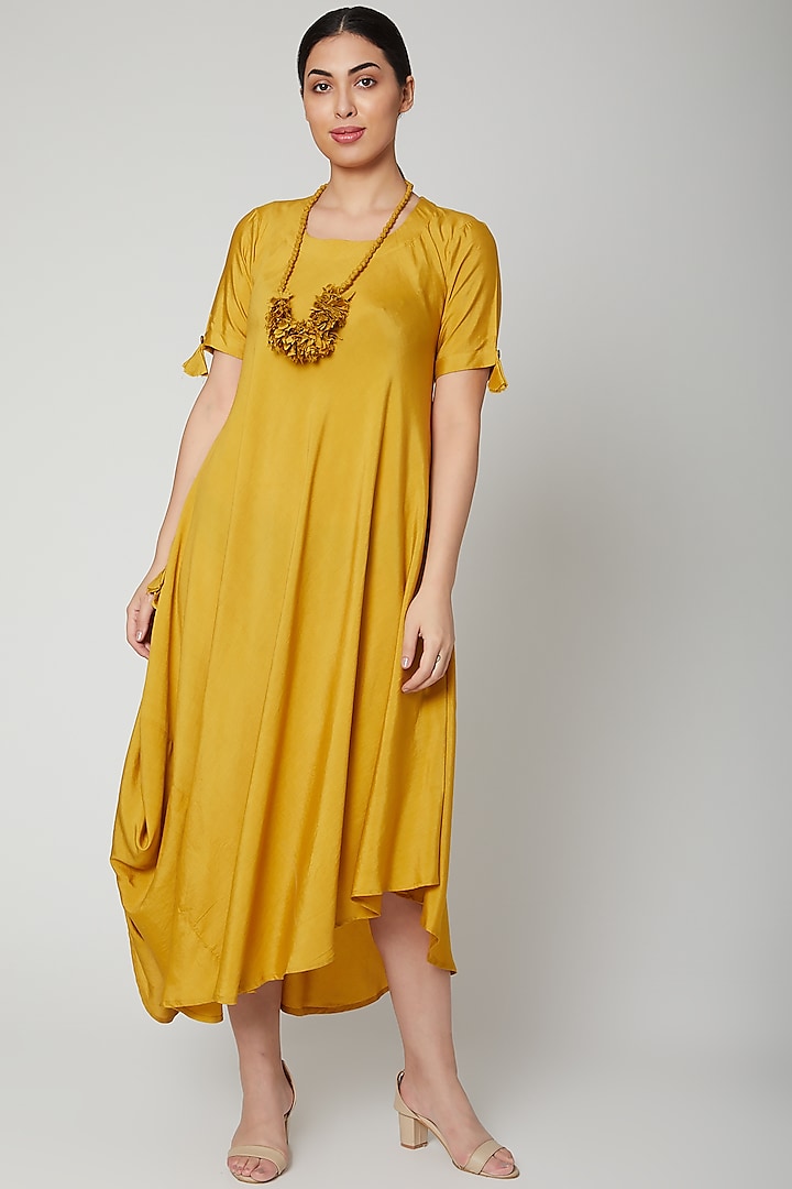 Mustard Asymmetric Dress With Necklace by Bohame