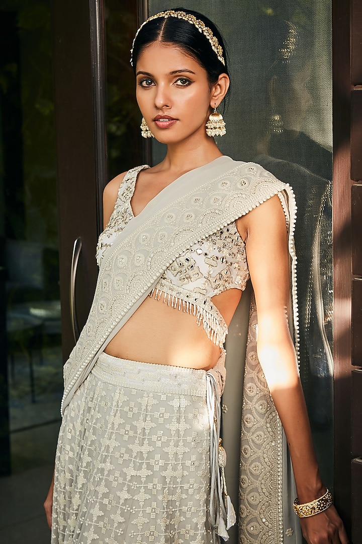 Light Grey Georgette Embroidered Wedding Lehenga Set by Bohame at Pernia's Pop Up Shop
