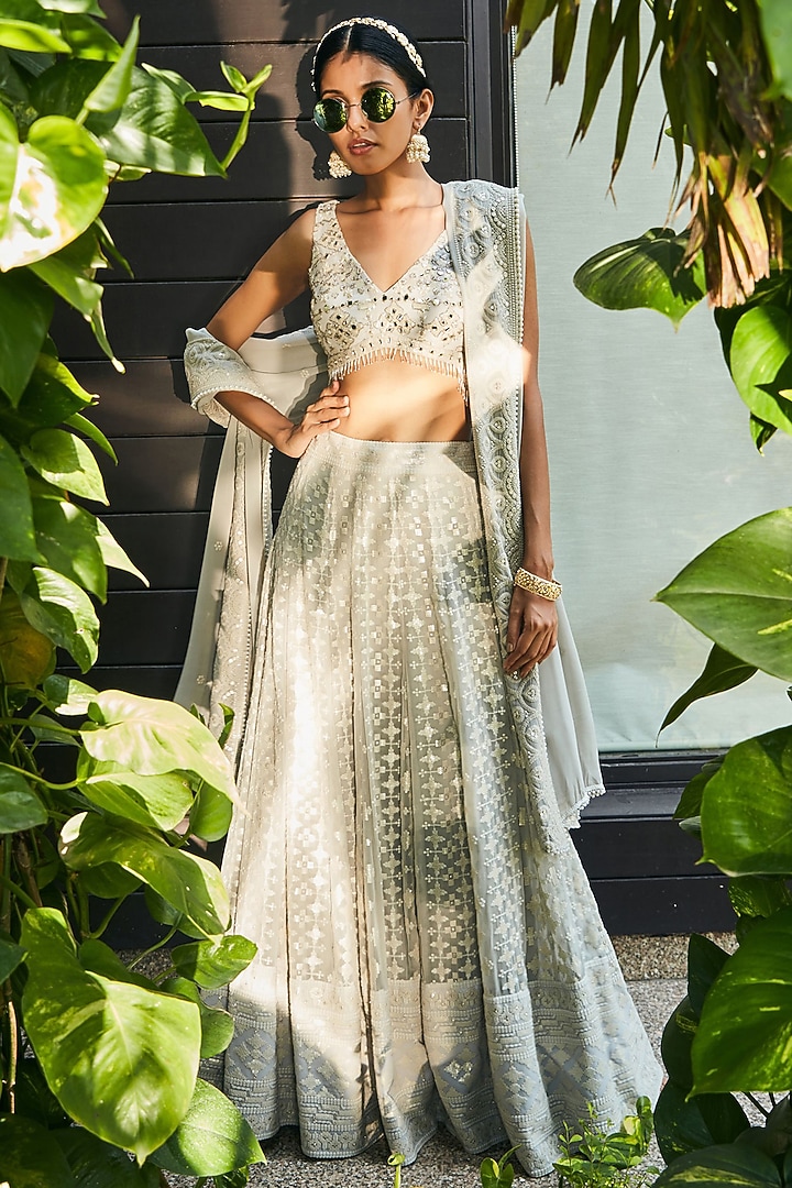 Light Grey Georgette Embroidered Wedding Lehenga Set by Bohame at Pernia's Pop Up Shop