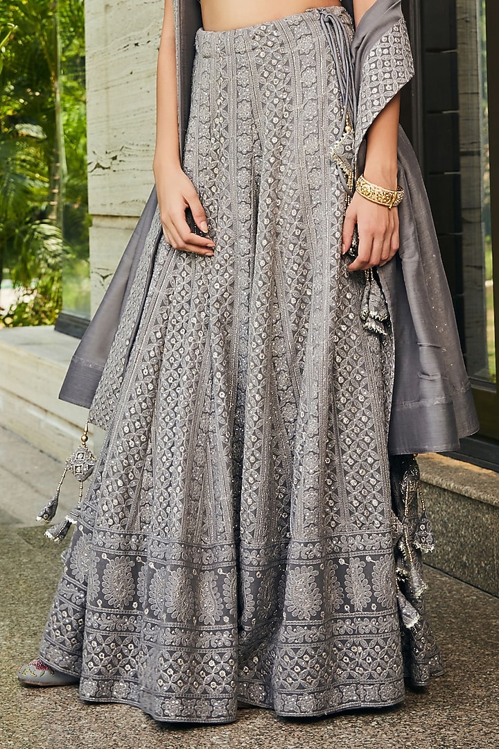 Dark Grey Georgette Embroidered Wedding Lehenga Set by Bohame at Pernia's Pop Up Shop