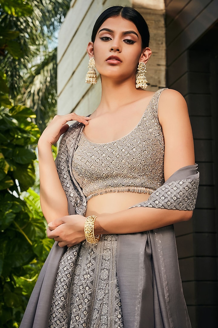 Dark Grey Georgette Embroidered Wedding Lehenga Set by Bohame at Pernia's Pop Up Shop