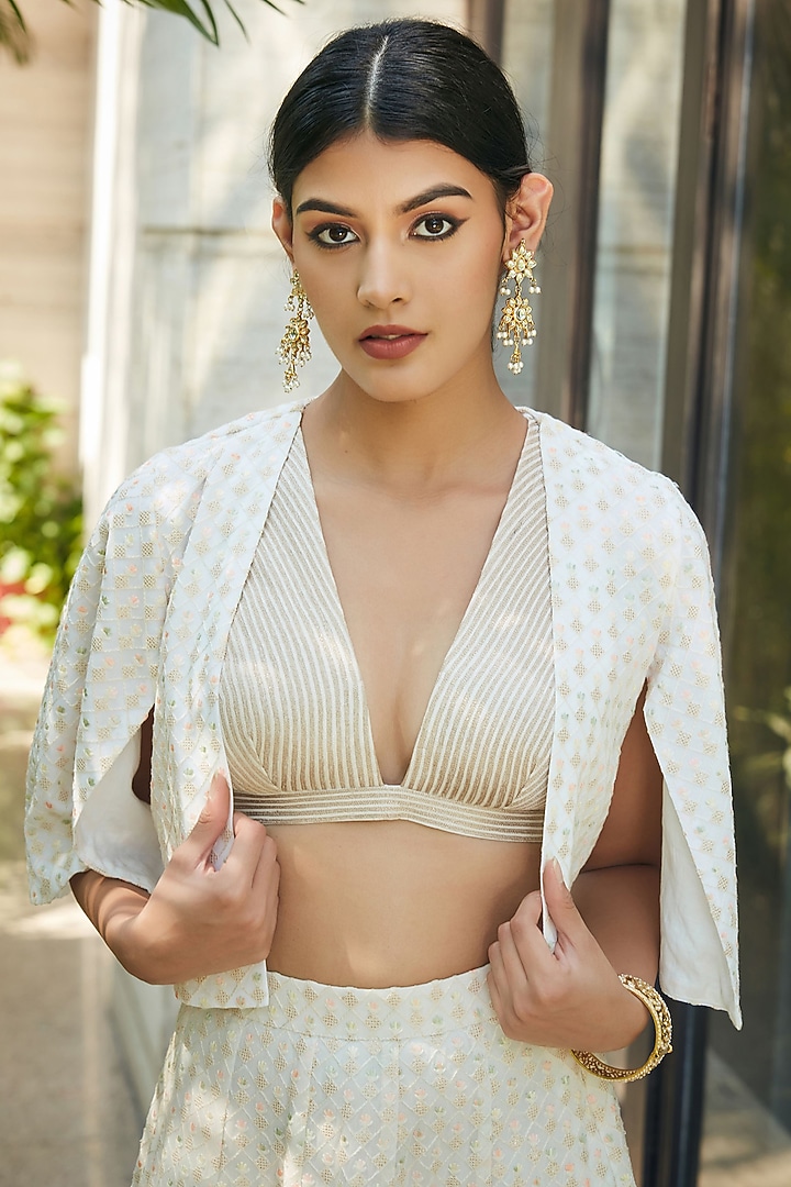 White Georgette Embroidered Jacket Wedding Lehenga Set by Bohame at Pernia's Pop Up Shop