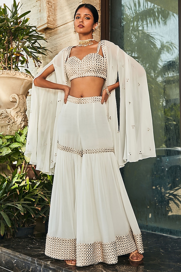 White Georgette Embroidered Sharara Set by Bohame