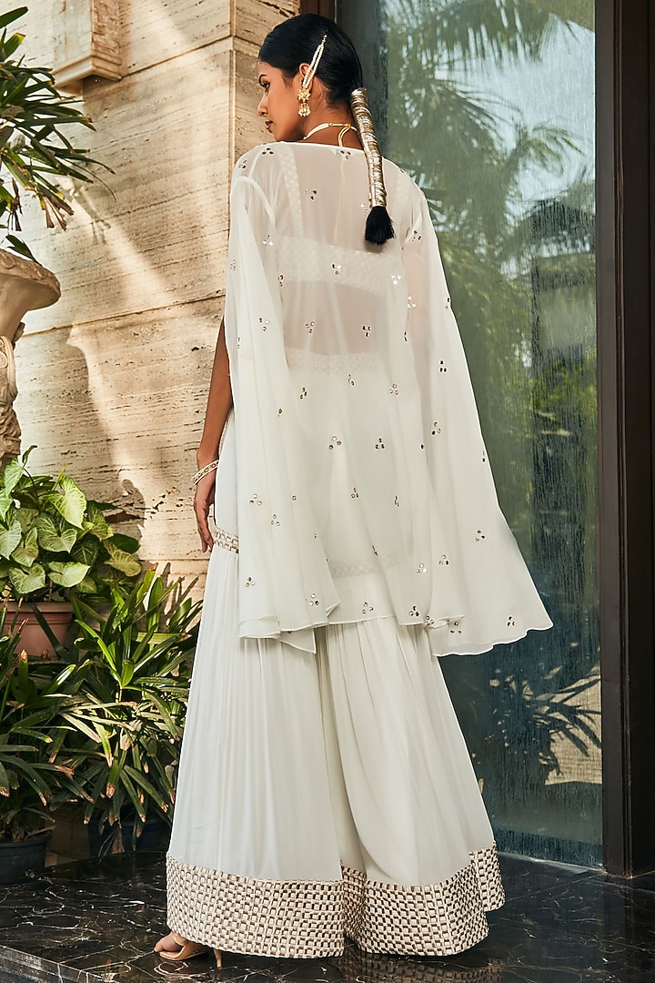 White Georgette Embroidered Wedding Sharara Set by Bohame at Pernia's Pop Up Shop