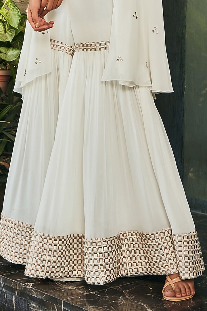 White Georgette Embroidered Wedding Sharara Set by Bohame at Pernia's Pop Up Shop