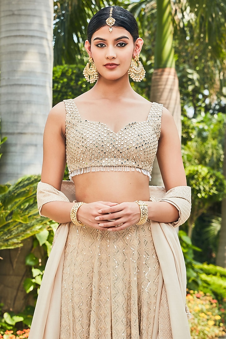 Beige Georgette Embroidered Wedding Lehenga Set by Bohame at Pernia's Pop Up Shop