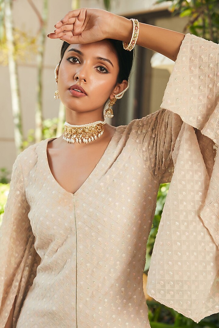 Beige Georgette Embroidered Tunic Set by Bohame at Pernia's Pop Up Shop