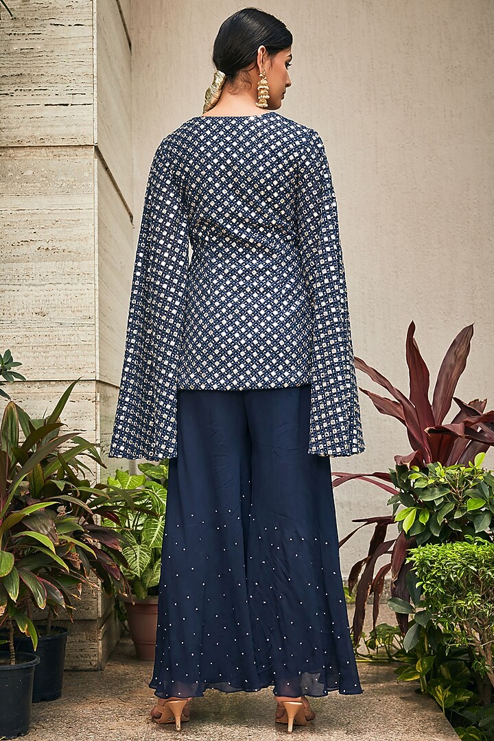 Navy Blue Georgette Embroidered Tunic Set by Bohame at Pernia's Pop Up Shop