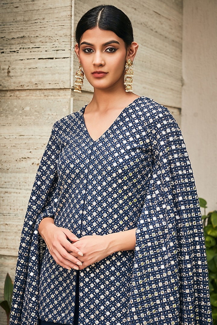 Navy Blue Georgette Embroidered Tunic Set by Bohame at Pernia's Pop Up Shop