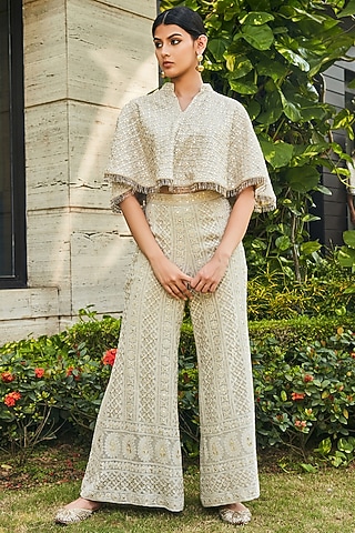 Light Grey Georgette Embroidered Cape Set by Bohame