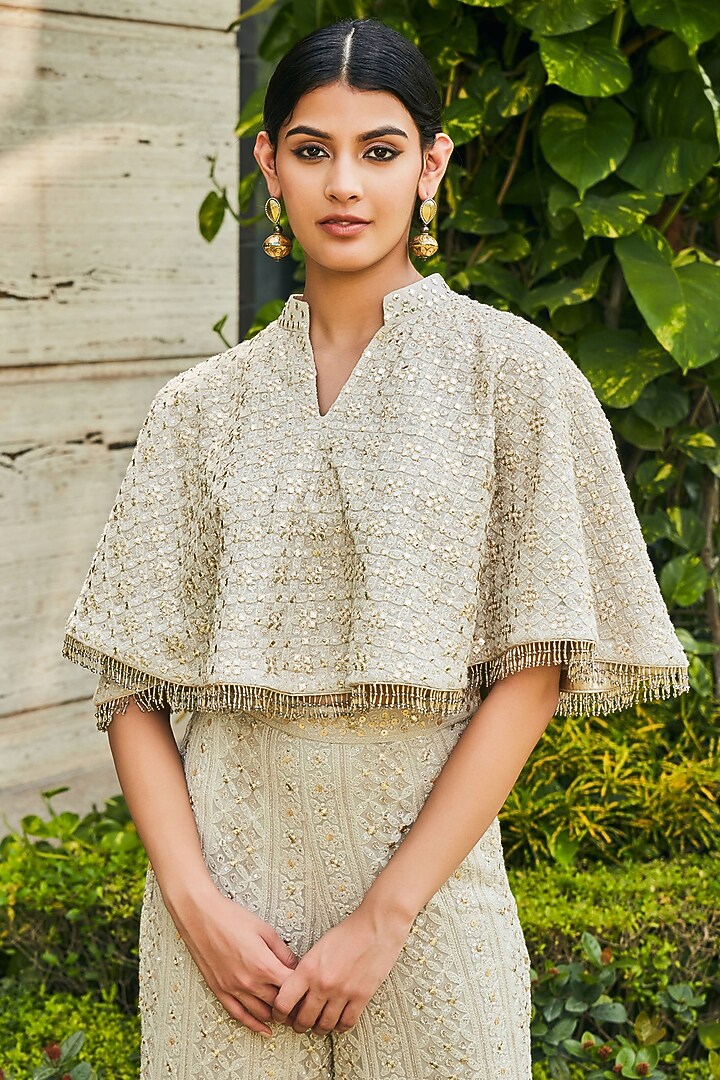 Light Grey Georgette Embroidered Cape Set by Bohame at Pernia's Pop Up Shop