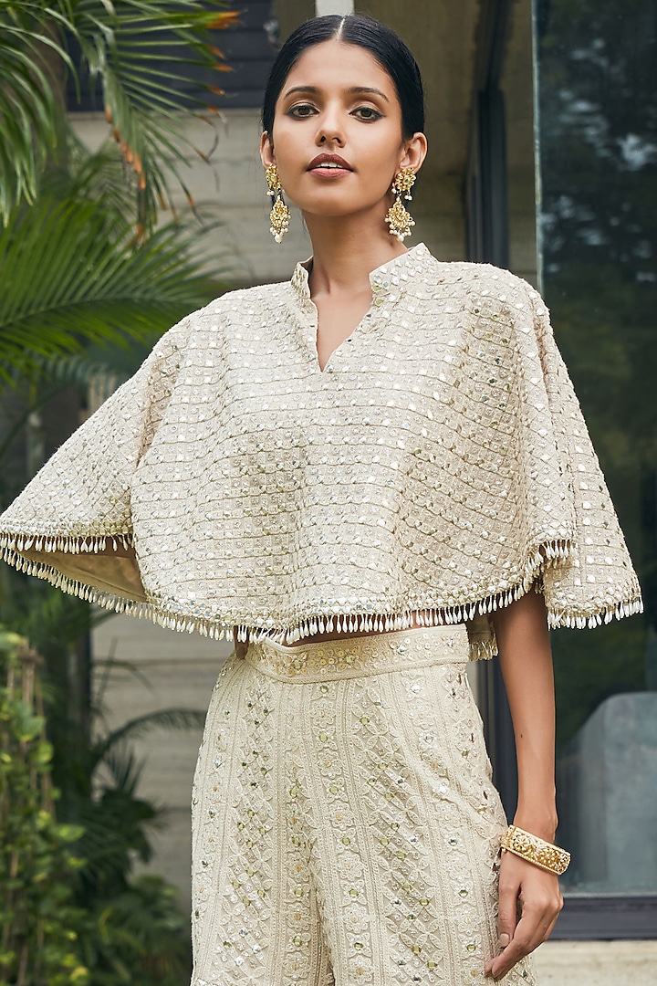 Beige Georgette Embroidered Cape Set by Bohame at Pernia's Pop Up Shop
