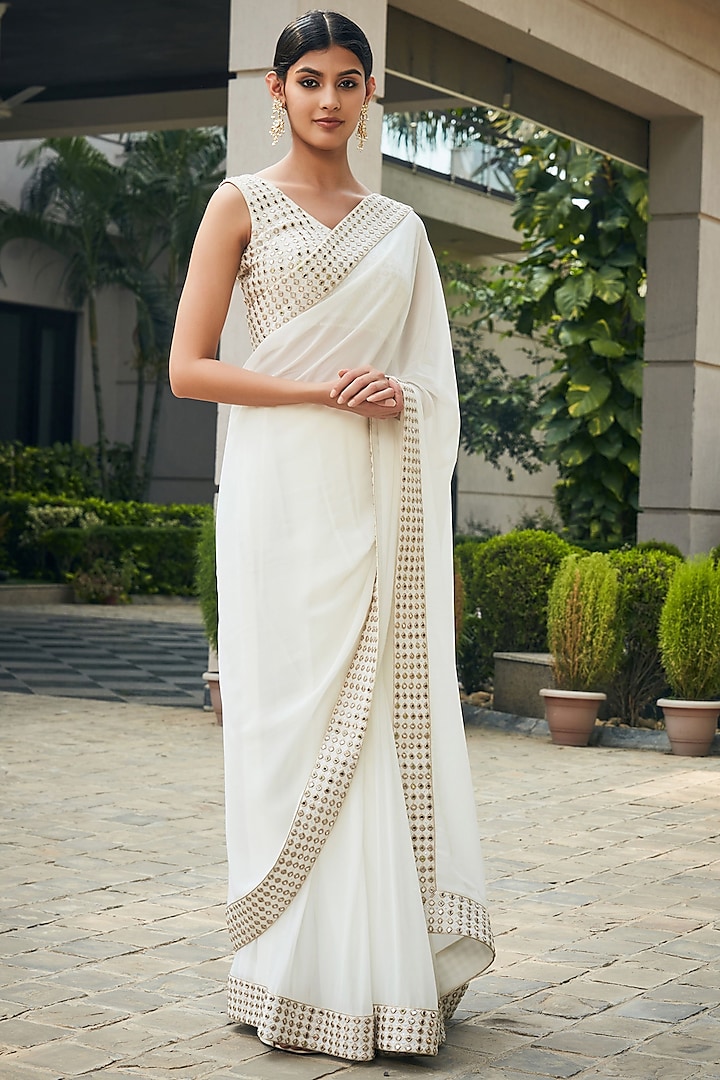 White Georgette Mirror Embroidered Saree Set by Bohame