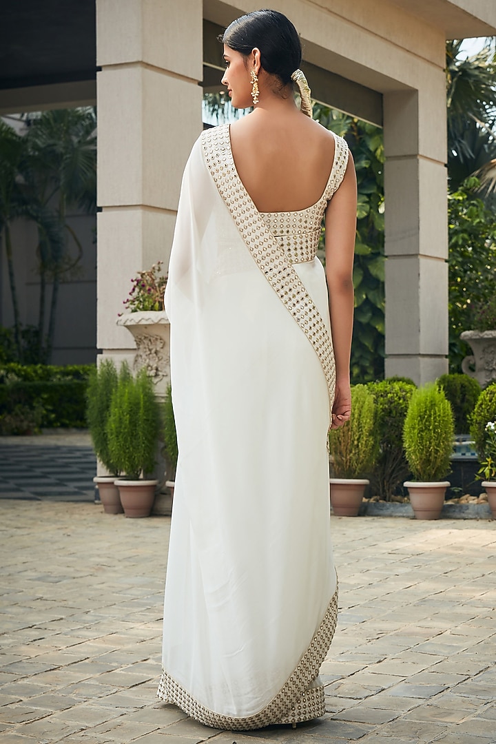 White Georgette Mirror Embroidered Wedding Saree Set by Bohame at Pernia's Pop Up Shop