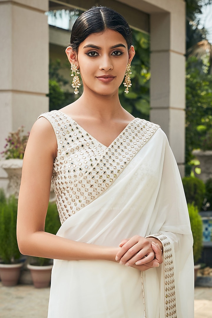 White Georgette Mirror Embroidered Wedding Saree Set by Bohame at Pernia's Pop Up Shop