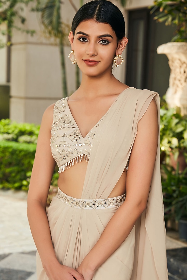 Beige Georgette Concept Wedding Saree Set by Bohame at Pernia's Pop Up Shop
