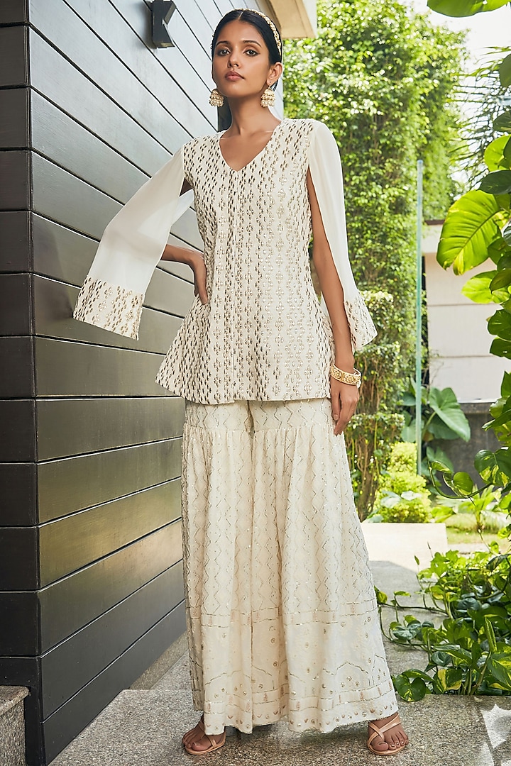 Off-White Georgette Embroidered Sharara Set by Bohame