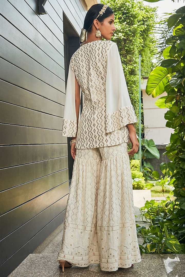 Off-White Georgette Embroidered Wedding Sharara Set by Bohame at Pernia's Pop Up Shop