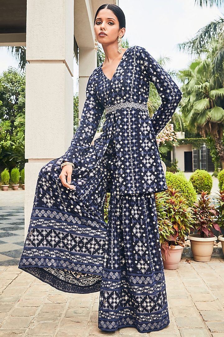 Navy Blue Georgette Embroidered Tunic Set by Bohame