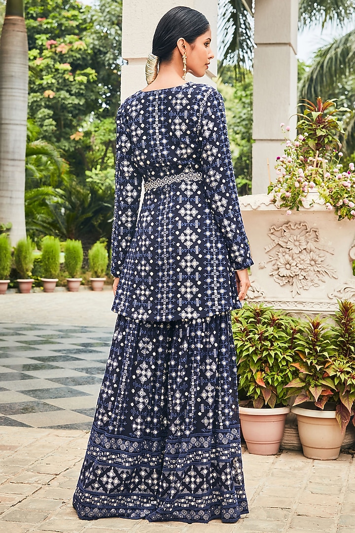 Navy Blue Georgette Embroidered Tunic Set by Bohame at Pernia's Pop Up Shop