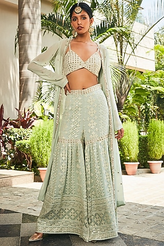 Pastel Green Georgette Embroidered Sharara Set by Bohame