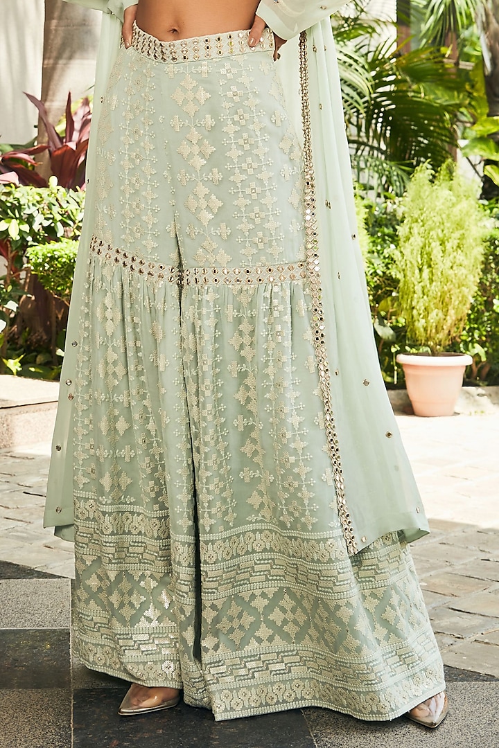 Pastel Green Georgette Embroidered Wedding Sharara Set by Bohame at Pernia's Pop Up Shop