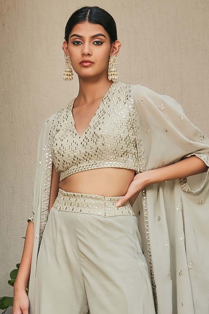 Light Mint Green Georgette Embroidered Cape Set by Bohame at Pernia's Pop Up Shop