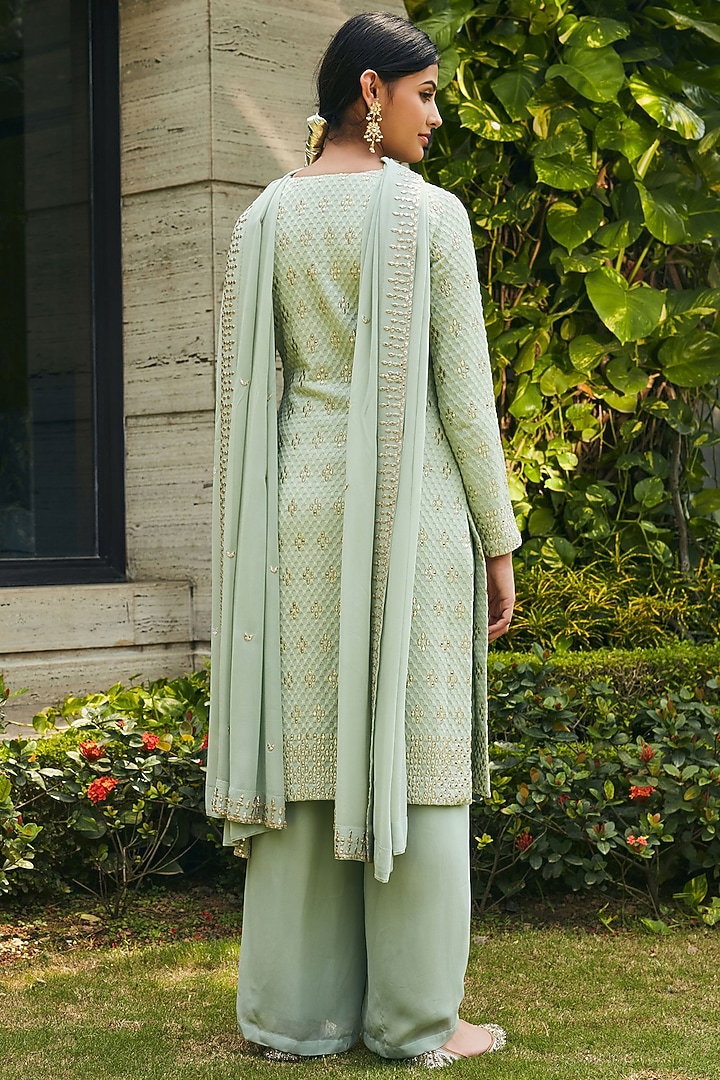 Pastel Green Georgette Embroidered Kurta Set by Bohame at Pernia's Pop Up Shop