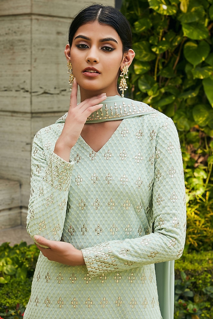 Pastel Green Georgette Embroidered Kurta Set by Bohame at Pernia's Pop Up Shop