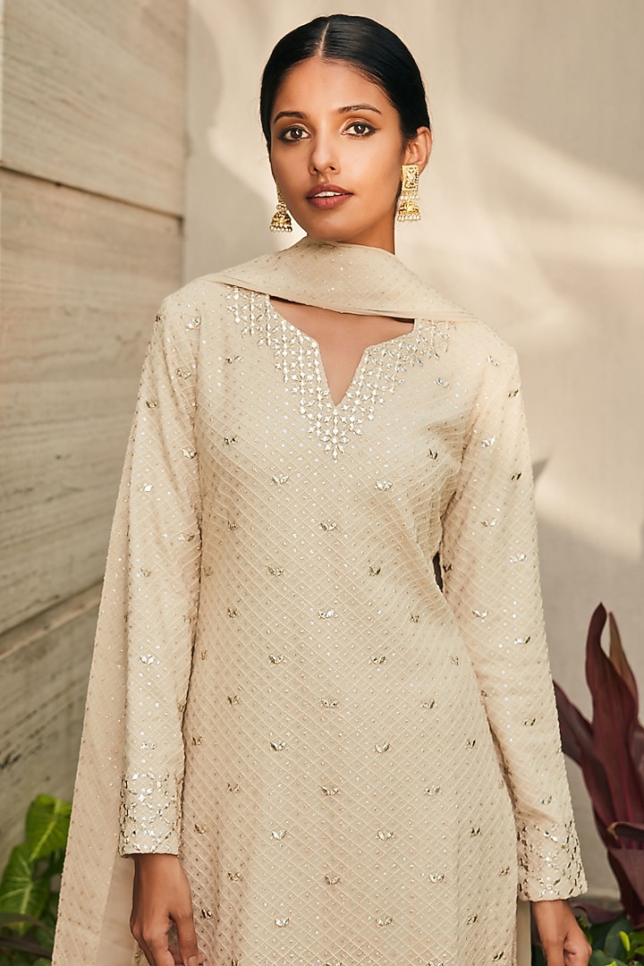 Beige Georgette Embroidered Kurta Set by Bohame at Pernia's Pop Up Shop