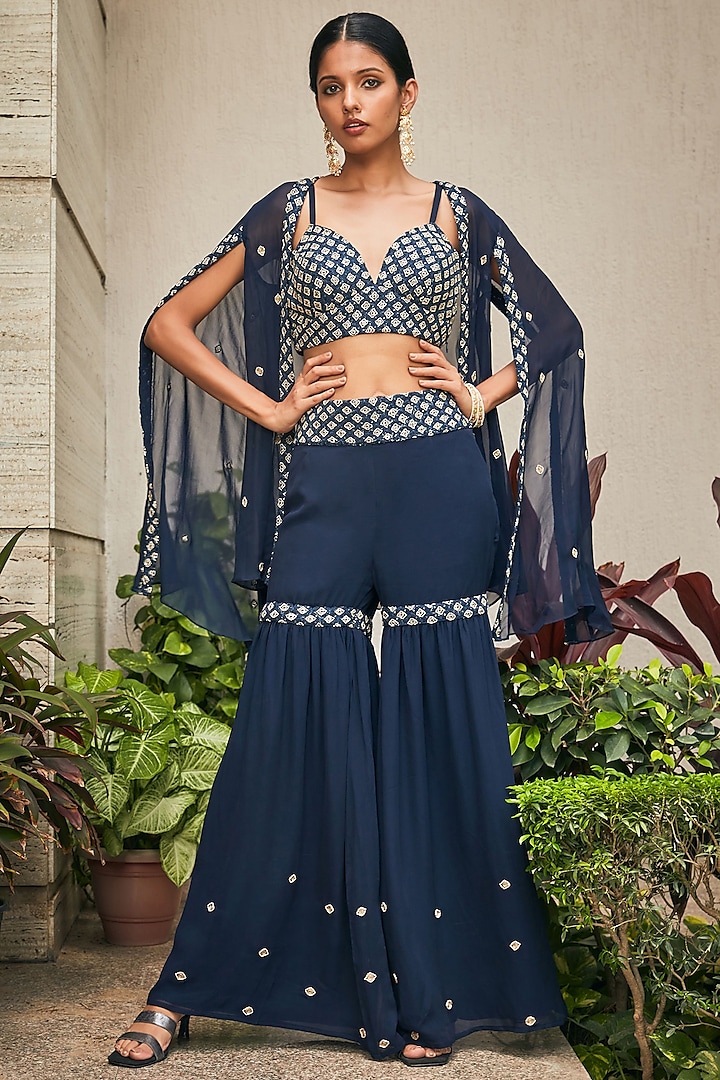 Navy Blue Georgette Embroidered Cape Set by Bohame